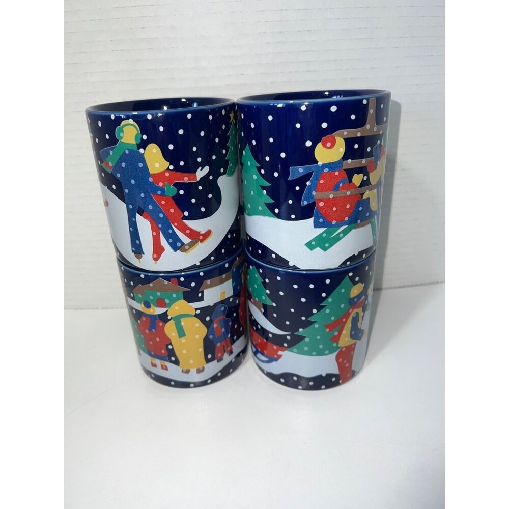 Lillian Vernon 1989 Coffee Cups Mugs Dark Cobalt Blue Snow Days Winter Set of 4